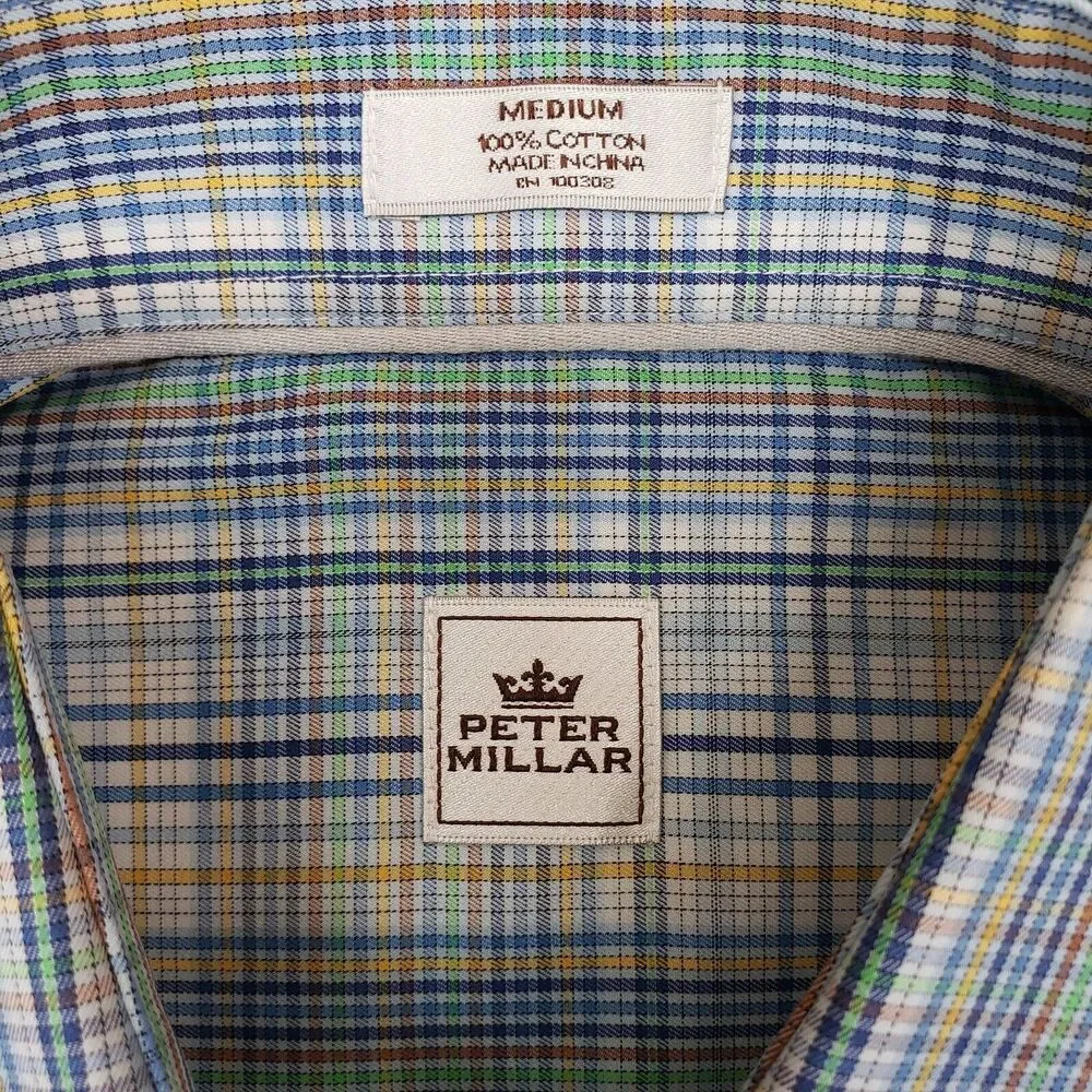 Peter Millar Men's Medium Classic Fit Plaid Cotton Shirt Blue Yellow NWT‎
